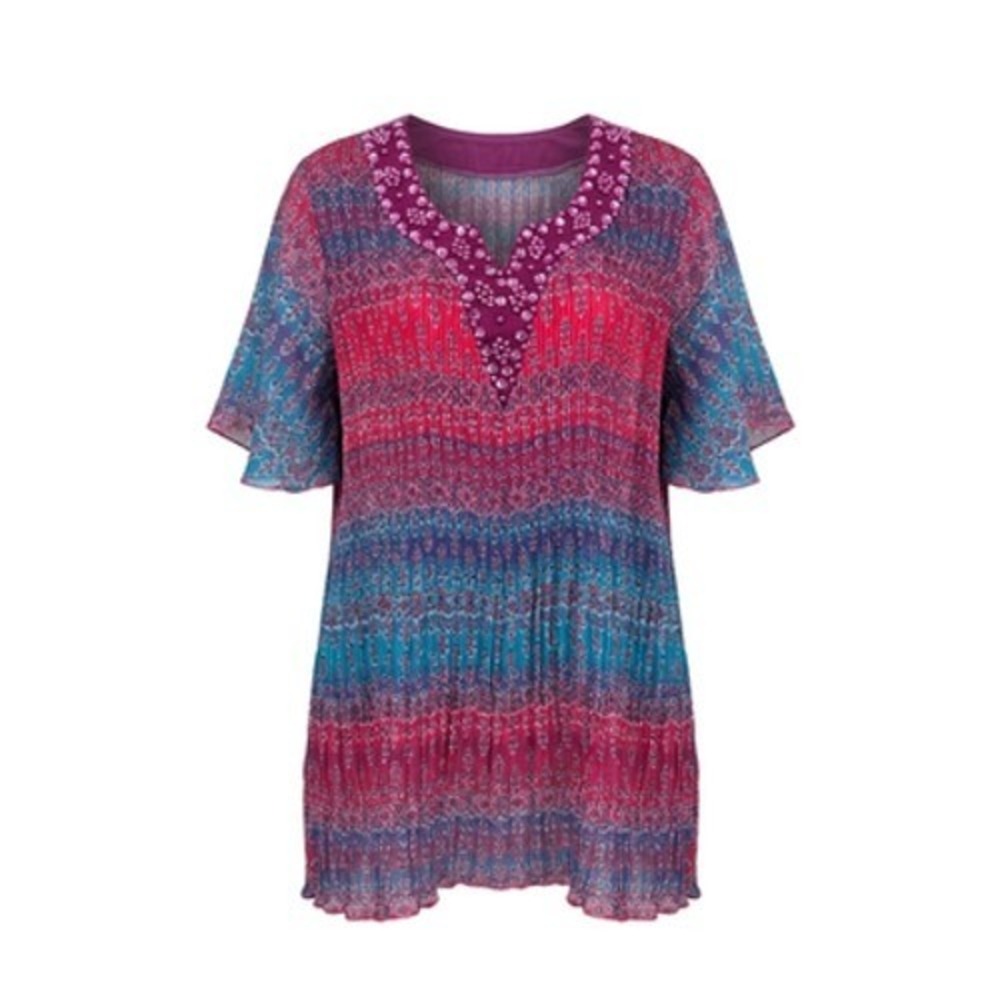Catherines Tunic Top Women 1X Artsy Floral Beaded Neck Sheer Chiffon Gypsy Boho